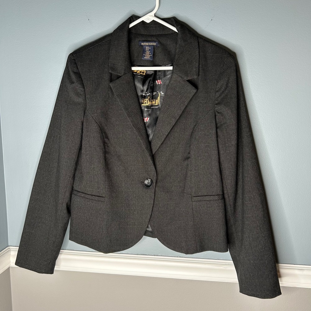 British Khaki Women's gray plaid Blazer Jacket with Elbow Patches Size XL